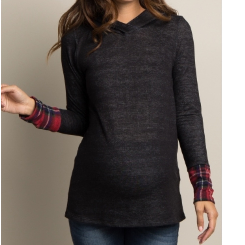 Pinkblush Maternity charcoal hooded plaid top